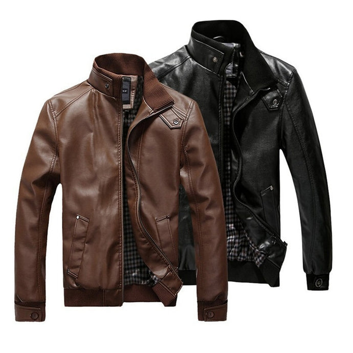 2019 New Fashion Autumn Male Leather Jacket Black Brown Mens Stand Collar Coats Leather Biker Jackets Motorcycle Leather Jacket