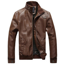 Load image into Gallery viewer, 2019 New Fashion Autumn Male Leather Jacket Black Brown Mens Stand Collar Coats Leather Biker Jackets Motorcycle Leather Jacket