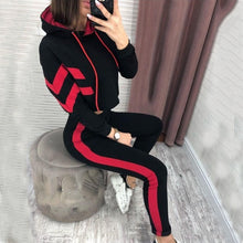 Load image into Gallery viewer, 2019 Europe and the United States autumn new fashion classic striped women&#39;s hooded open-air sweater set two-piece
