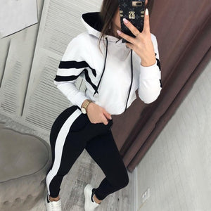 2019 Europe and the United States autumn new fashion classic striped women's hooded open-air sweater set two-piece