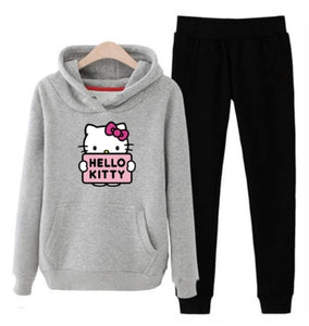 p66 3xl hello-kitty 2019 winter women ladies 2pcs long sleeve fleece hoodie Sweatshirts Set pullover Suit Tracksuits clothes