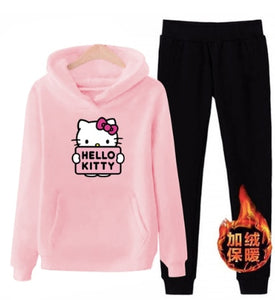 p66 3xl hello-kitty 2019 winter women ladies 2pcs long sleeve fleece hoodie Sweatshirts Set pullover Suit Tracksuits clothes