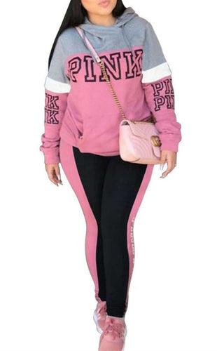 2019 Pink Letter Print 2pcs Tracksuit Women Hoodies Tops And Patchwork Pants Suits Casual Outfits Two Piece Set Plus Size XXXL